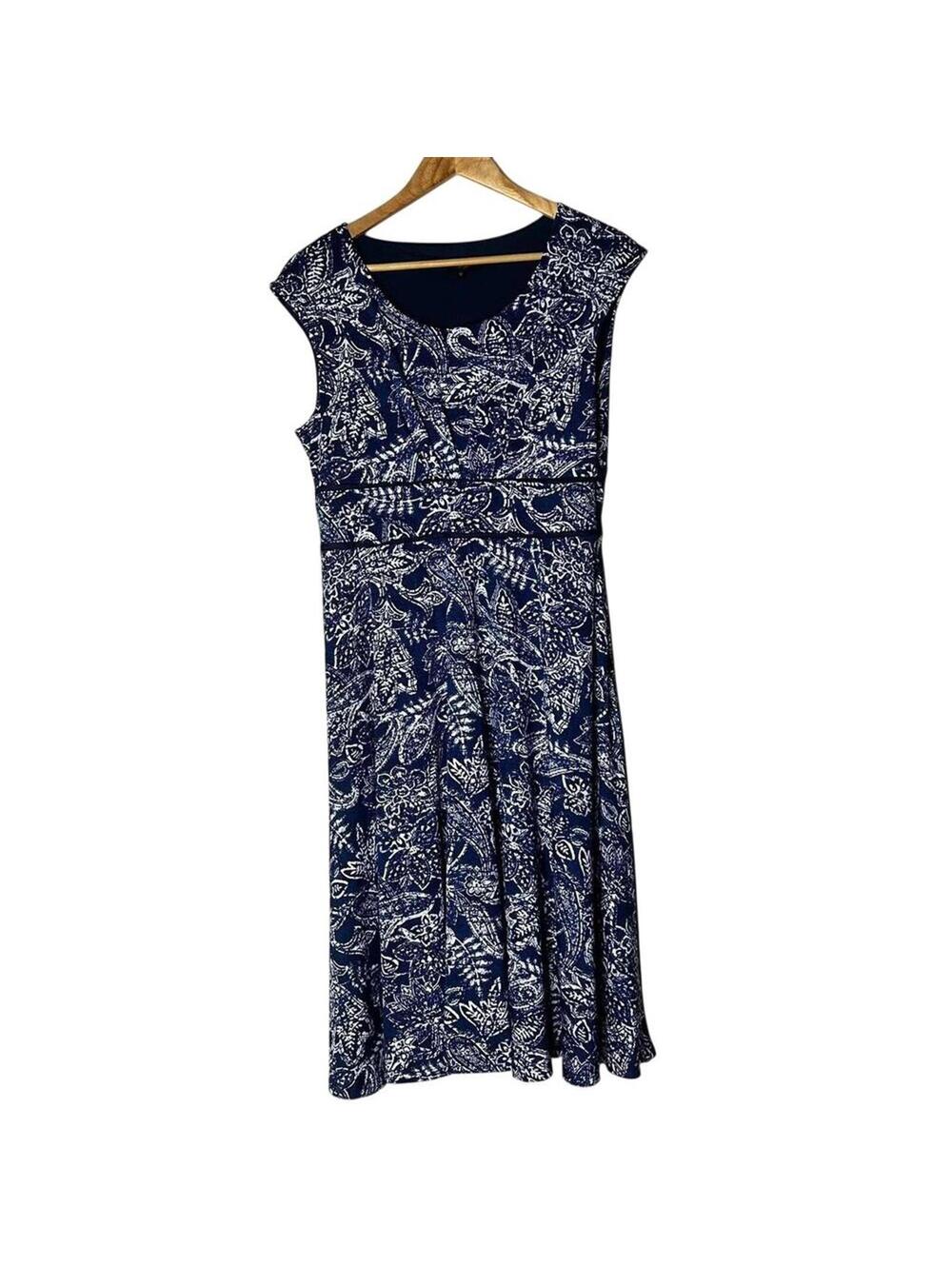 ILE New York Blue White Paisley Print Midi Dress 12 Sleeveless Fit and Flare Zip